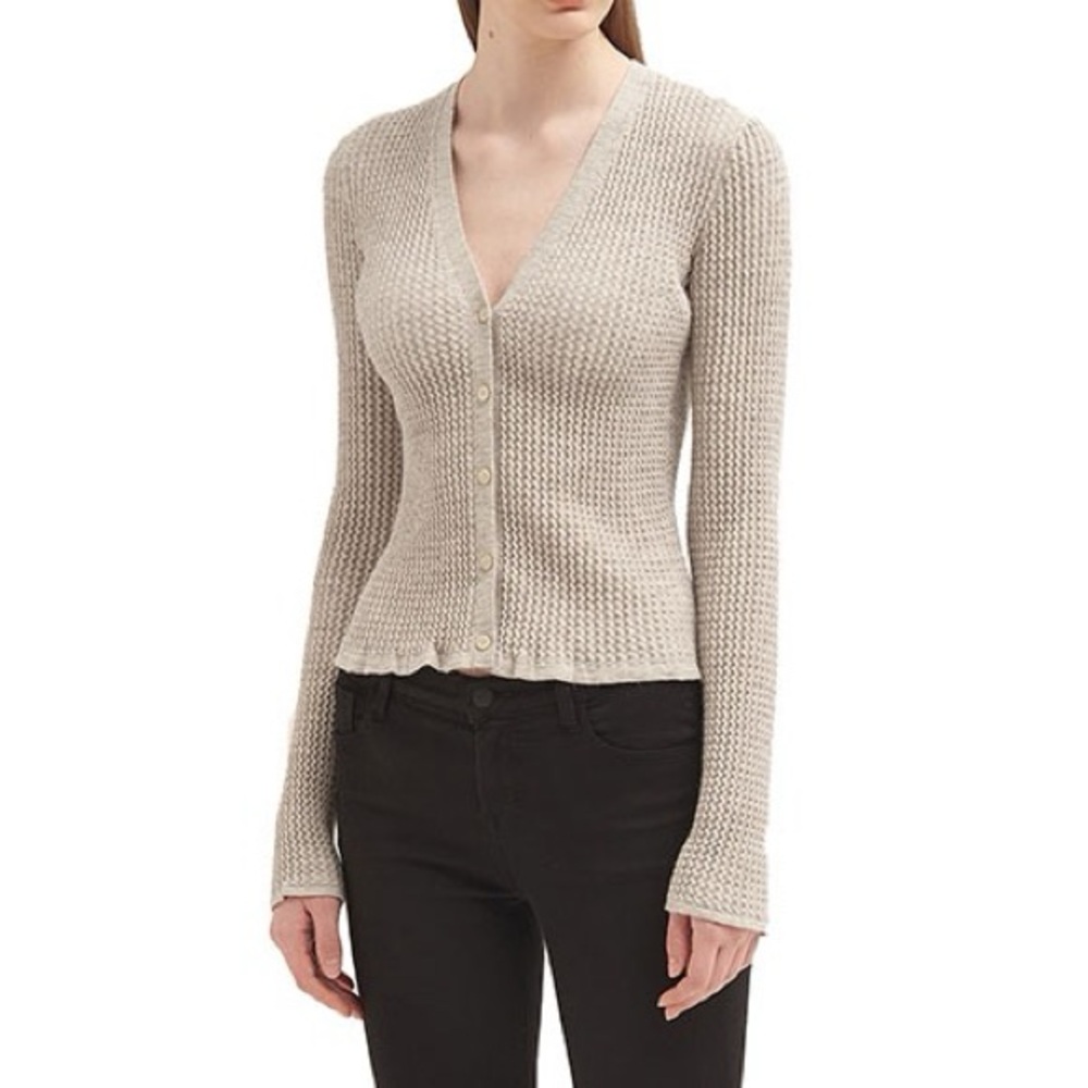 Theory Mélange Baby Alpaca-Blend Button-Up Cardigan Cream Flax Small
